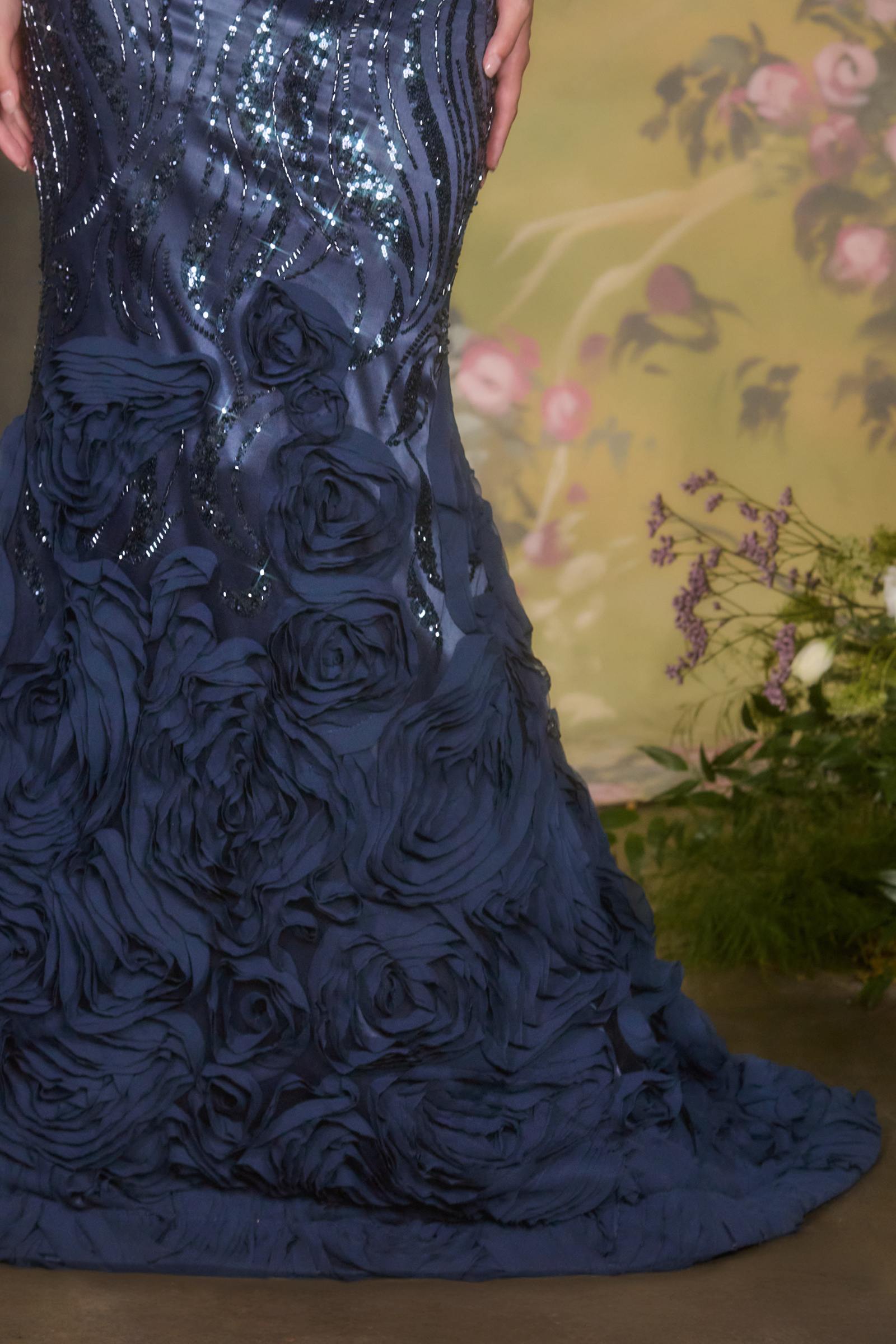 Luxe Satin Off-the-Shoulder Mermaid Gown – Sequin & Rosette – BANQHUM