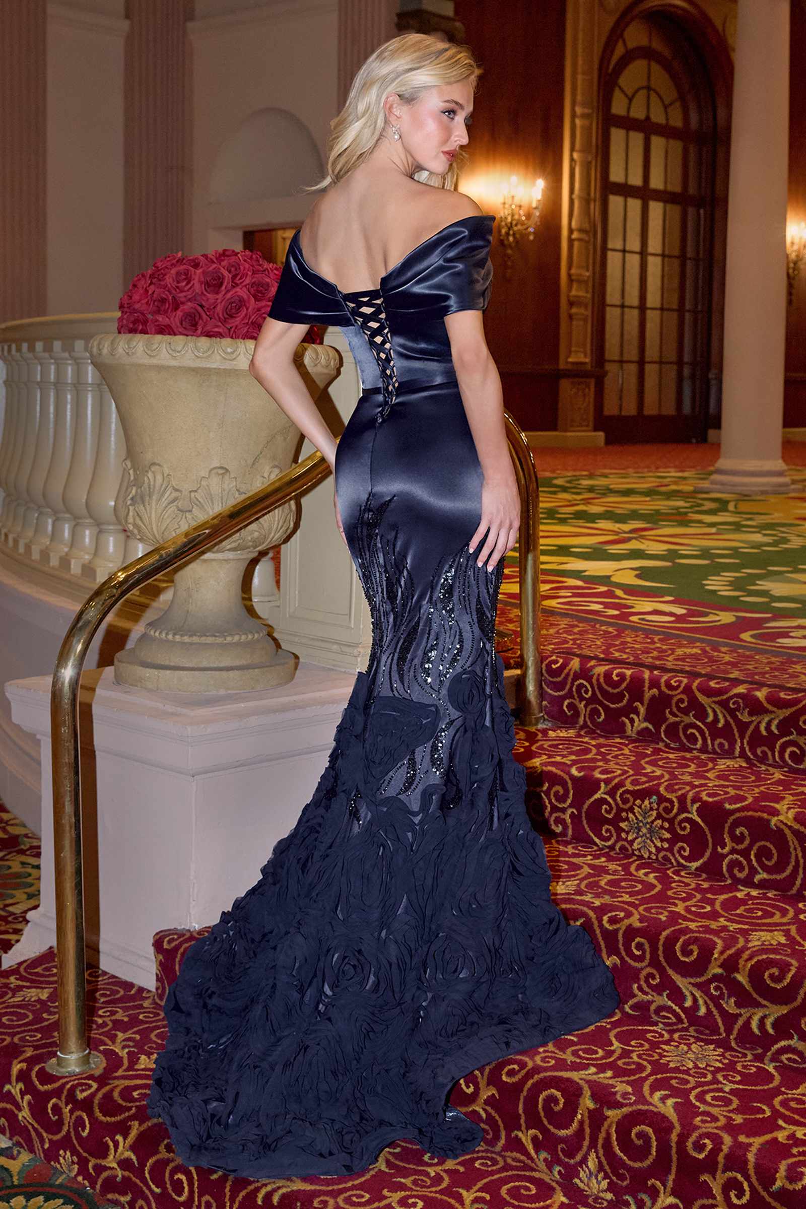Luxe Satin Off-the-Shoulder Mermaid Gown – Sequin & Rosette – BANQHUM