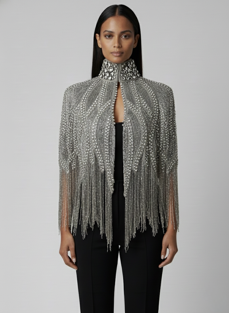 Argenté Cascade Cape – Hand-Beaded Silver Evening Cape – BANQHUM