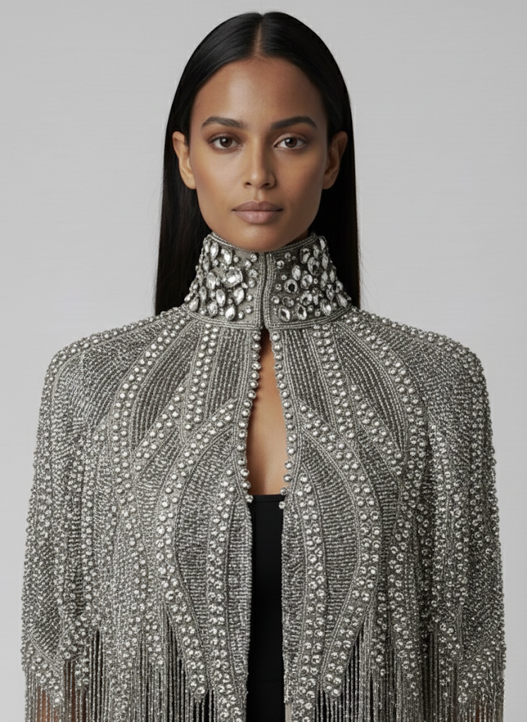 Argenté Cascade Cape – Hand-Beaded Silver Evening Cape – BANQHUM