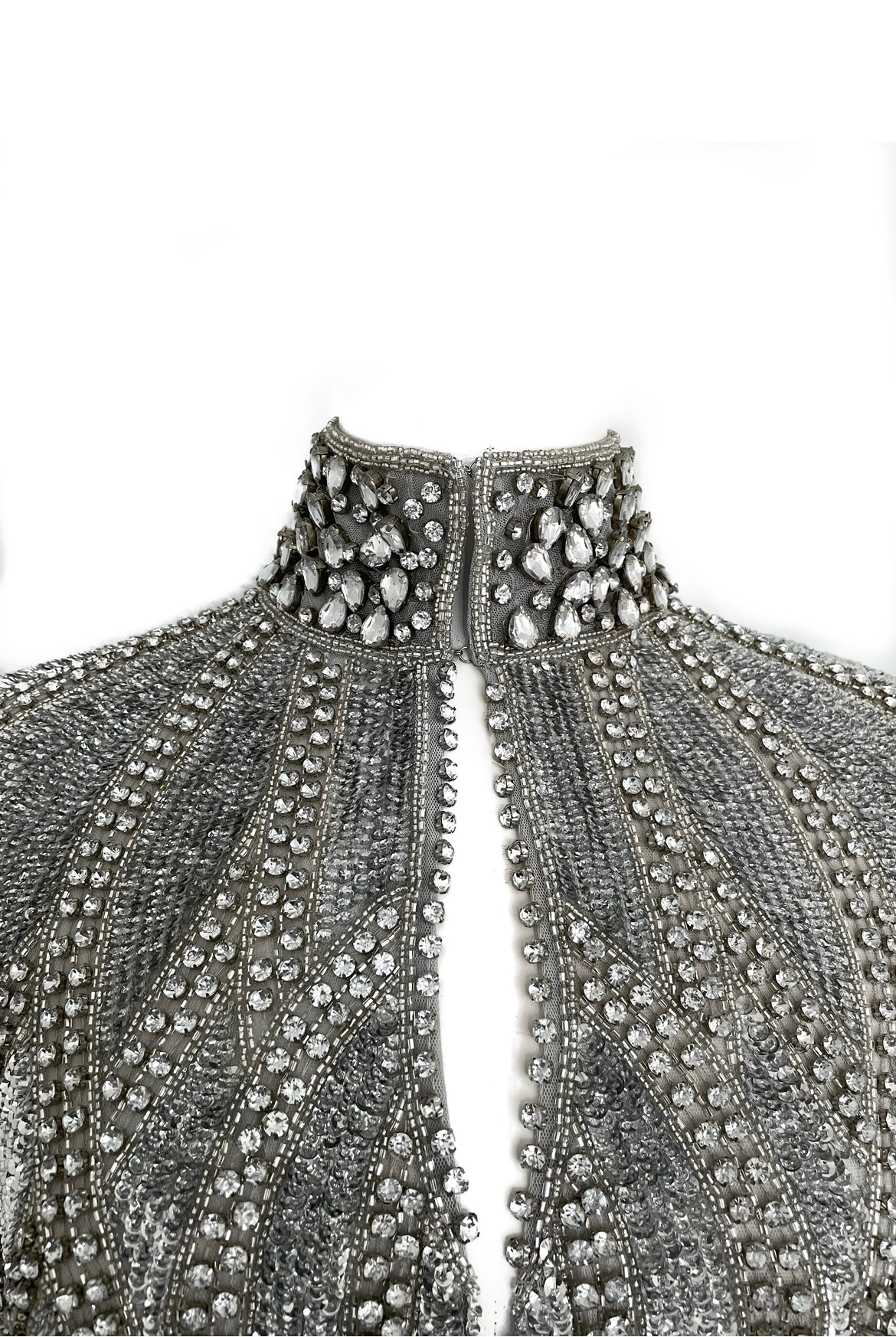 Argenté Cascade Cape – Hand-Beaded Silver Evening Cape – BANQHUM