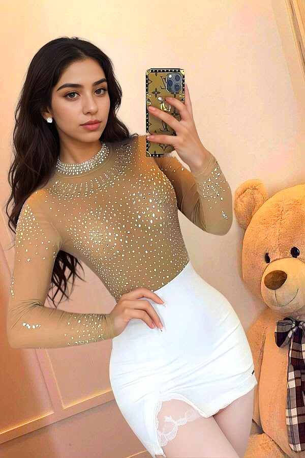 Mesh Multi-Rhinestone Bodysuit – Mock Neck – BANQHUM
