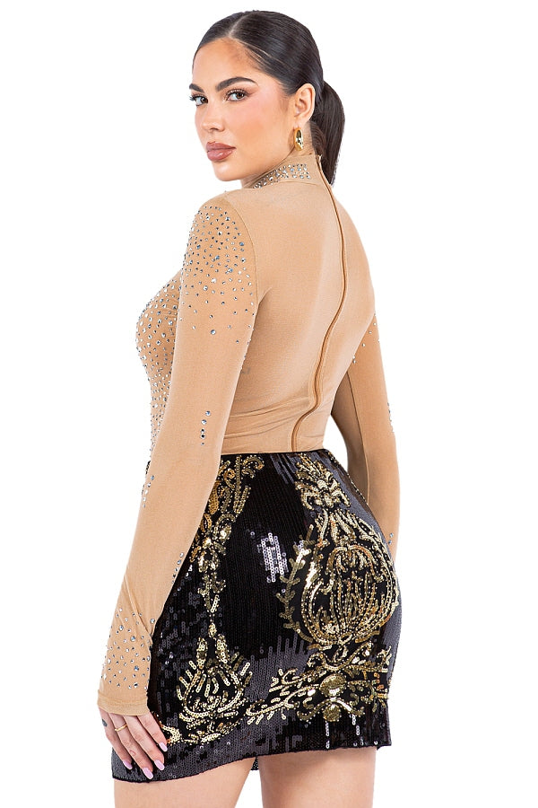 Mesh Multi-Rhinestone Bodysuit – Mock Neck – BANQHUM