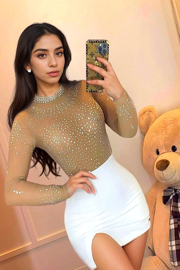 Mesh Multi-Rhinestone Bodysuit – Mock Neck – BANQHUM