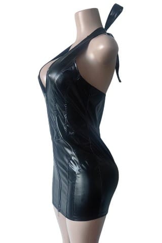 PU Halter Neck Stretch Mini Dress – Vegan Leather – BANQHUM