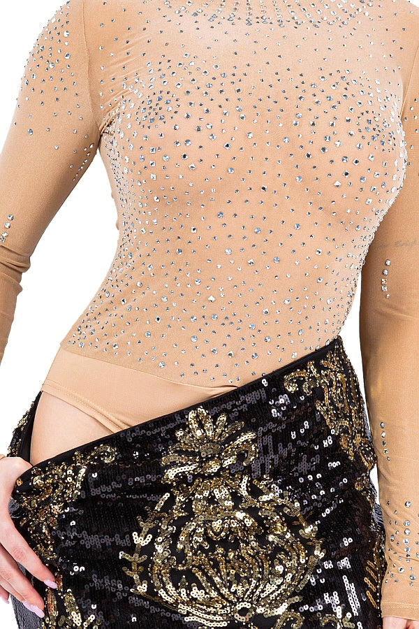 Mesh Multi-Rhinestone Bodysuit – Mock Neck – BANQHUM